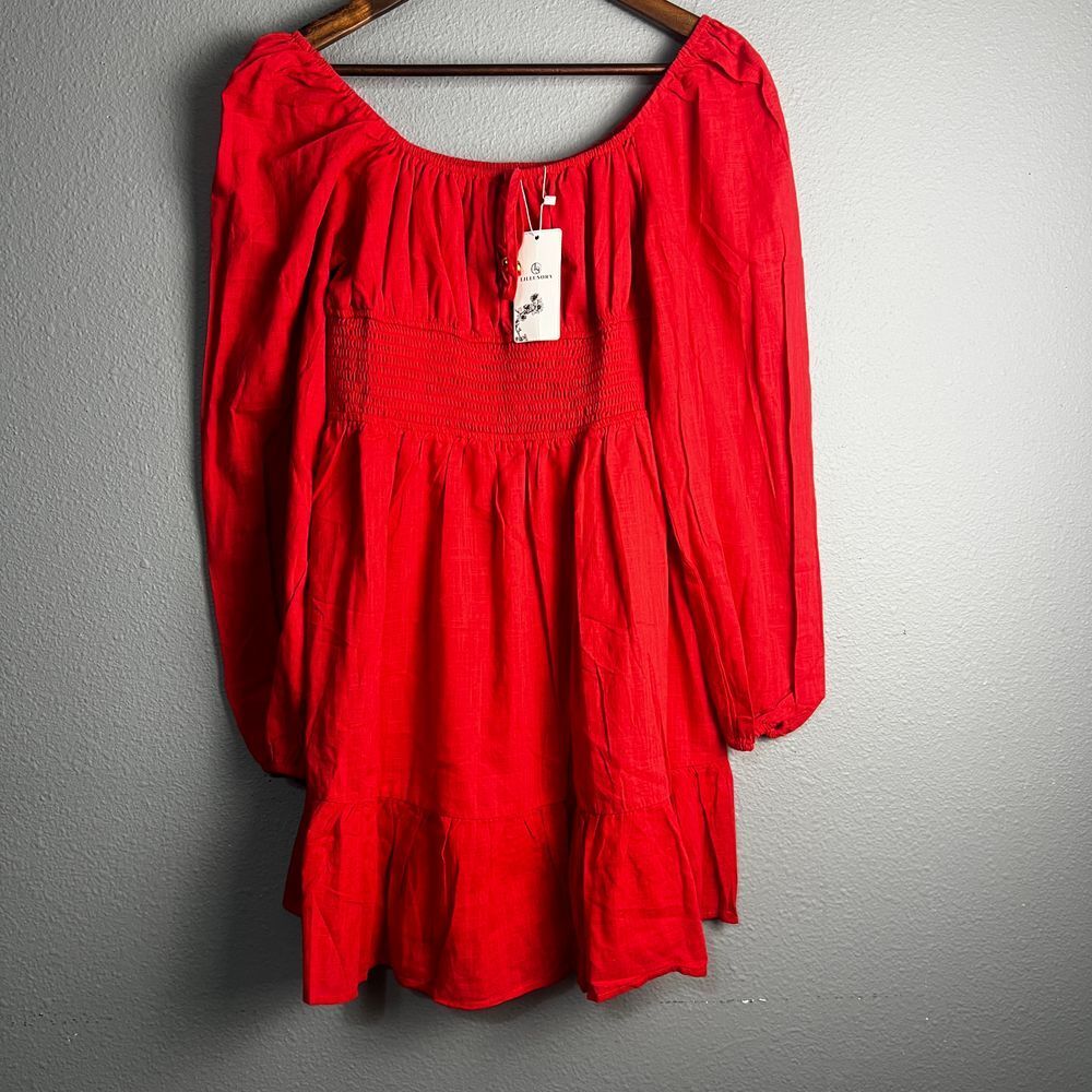 Lillusory Red Smocked Peasant Mini Dress Puff Sleeve Cottagecore Romantic Size M